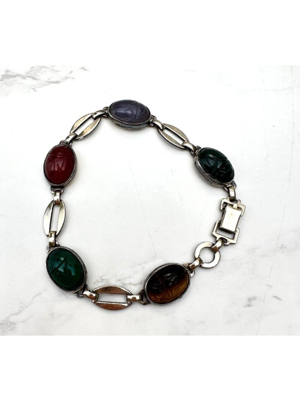 Vintage 1950s Sterling Silver and Gold Wash Scarab Bracelet With Genuine Gemston